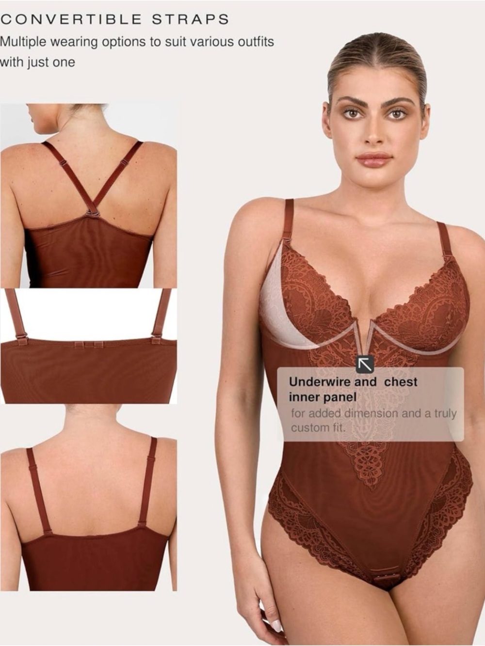 Popilush Shapewear Lace Deep V-Neck Sculpting Thong Bodysuit 3XL in Brown - Picture 7 of 9
